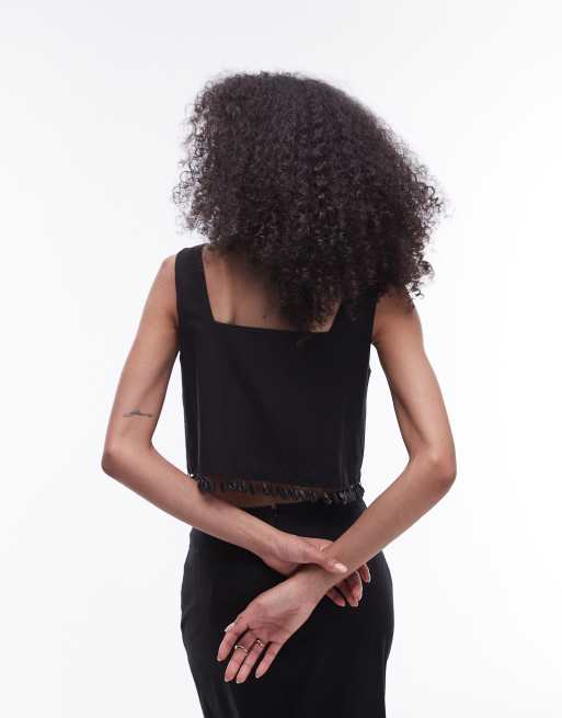 Topshop - Crop top nero con finiture con conchiglie in coordinato, 4 di 4