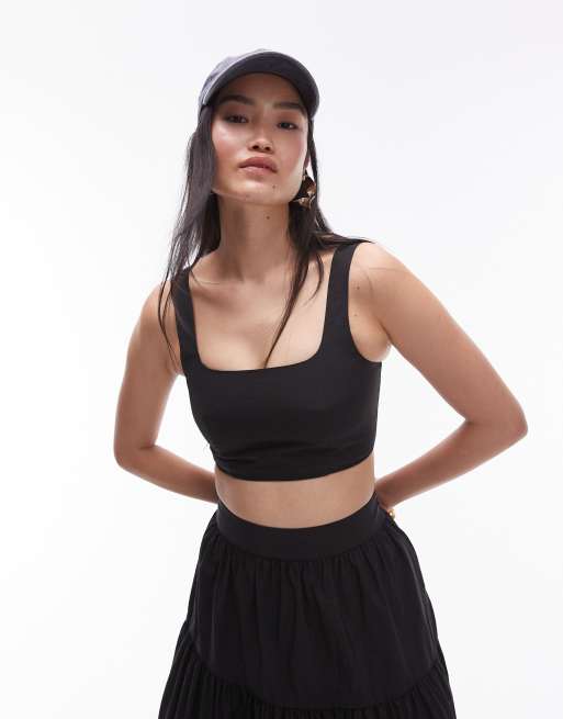Topshop - Crop top nero in taffetà con scollo squadrato in coordinato