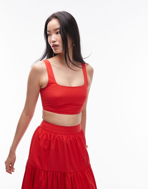 Topshop - Crop top rosso in taffetà con scollo squadrato in coordinato 