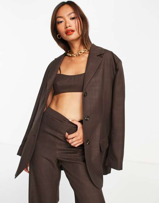 Topshop - Crop top sartoriale minimal color cioccolato in coordinato