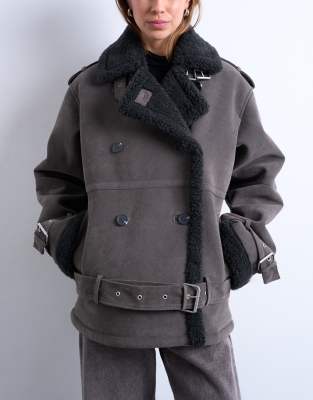 Topshop Cropped Aviator Shearling Coat In Gray