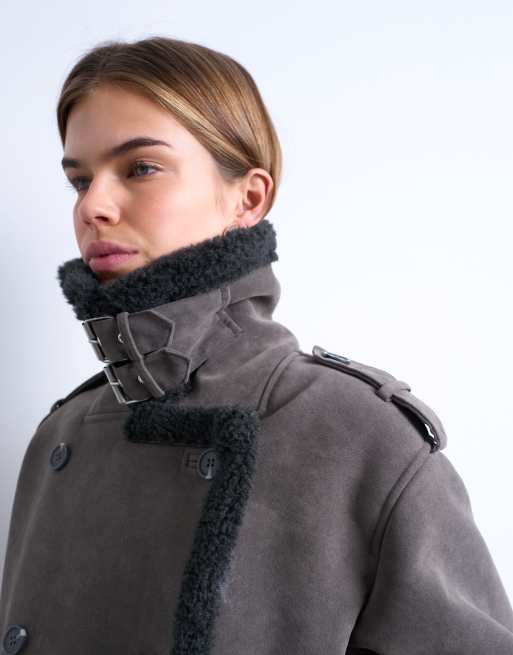 Topshop cropped aviator shearling coat in gray, 3 of 4