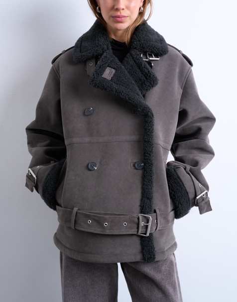 Topshop cropped funnel neck aviator shearling coat in grey