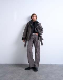 Model wearing Cropped aviator shearling coat in grey