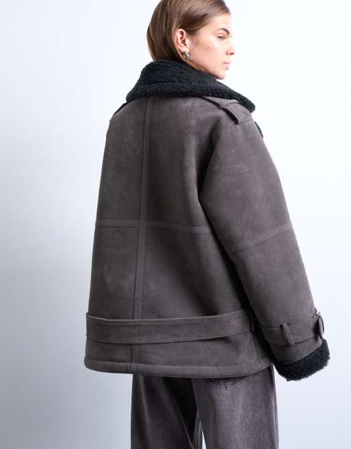 Topshop cropped aviator shearling coat in grey, 4 of 4