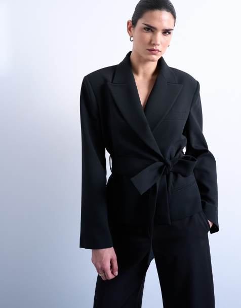 Topshop cropped belted boxy blazer in black - view 1