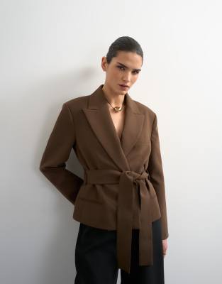 Topshop Cropped Belted Boxy Blazer In Brown