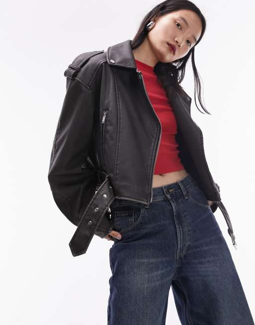 Topshop - Cropped bikerjakke i forvasket, sort og imiteret læder