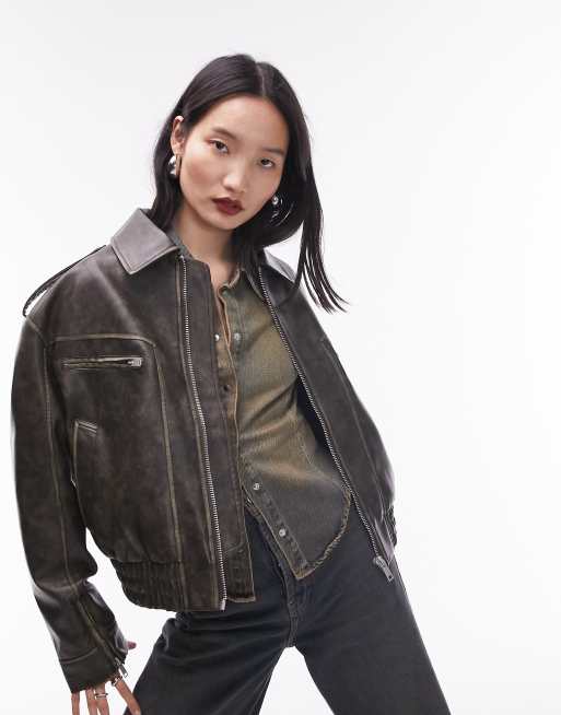Topshop - Cropped bomber-jakke med krave i forvasket, sort og imiteret læder