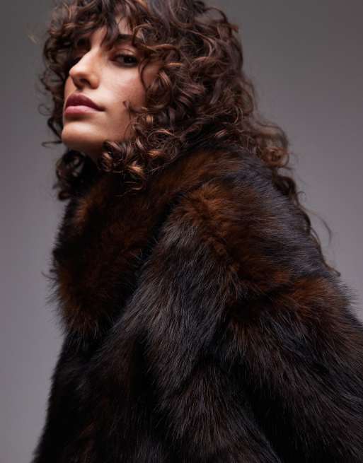 Topshop - Cropped bomberjack van imitatiebont in bruin, 4 van 4
