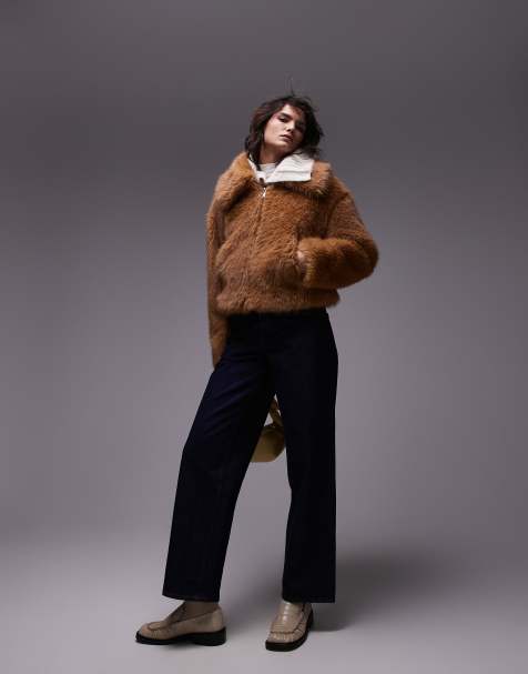 Topshop - Cropped bomberjack van imitatiebont in lichtbruin - view 1