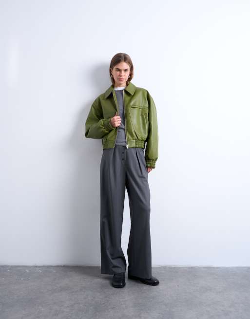 Topshop - Cropped bomberjack van imitatieleer met textuur in groen, 2 van 4