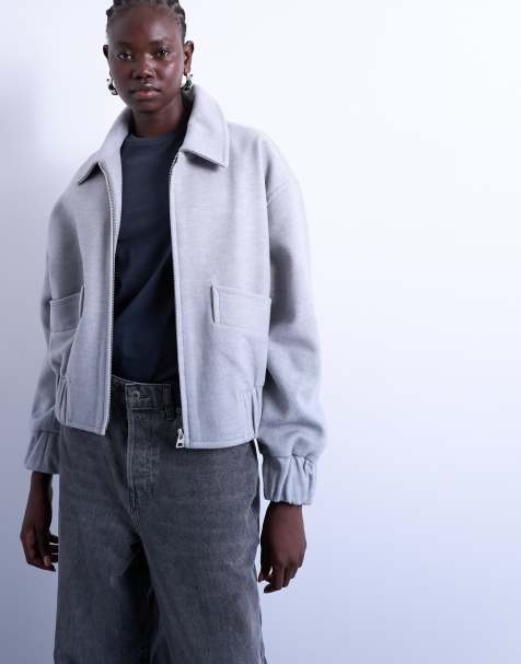 Topshop - Cropped bomberjack van wolmix met doorgestikte voering in lichtgrijs - view 1