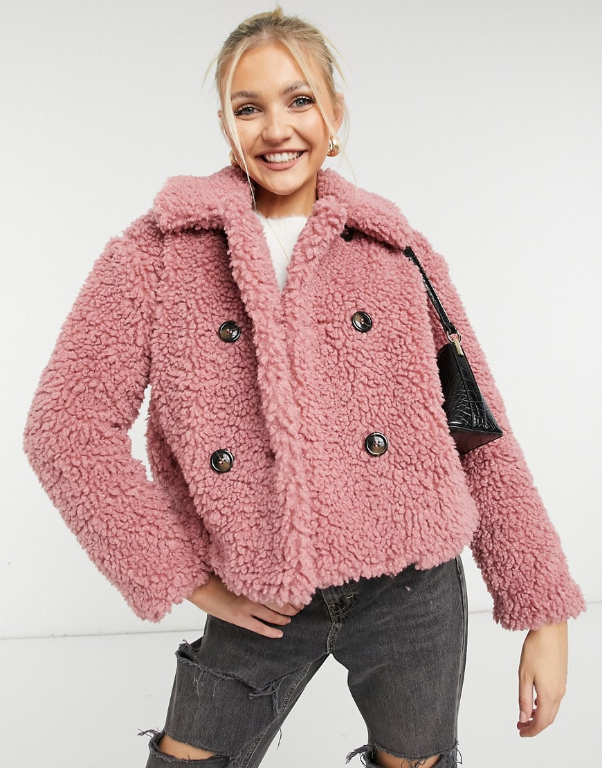 Topshop cropped borg jacket in pink