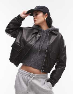 Topshop Cropped Bubble Faux Leather Bomber Jacket In Black
