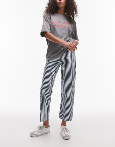 Topshop - Cropped bukser med blå striber, mellemhøj talje og lige ben - view 1