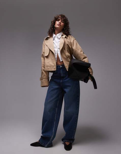 Topshop cropped cotton trench coat in stone - view 1