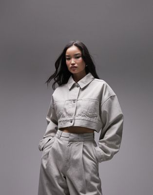 Topshop cropped denim co ord jacket in stone