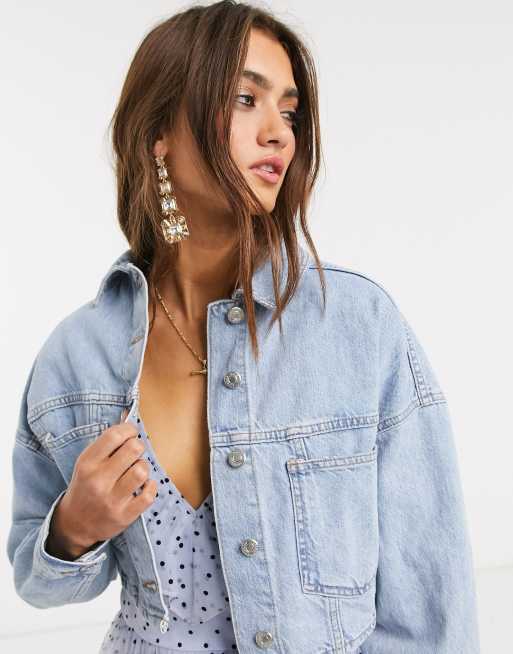 Topshop cropped denim jacket in mid wash blue