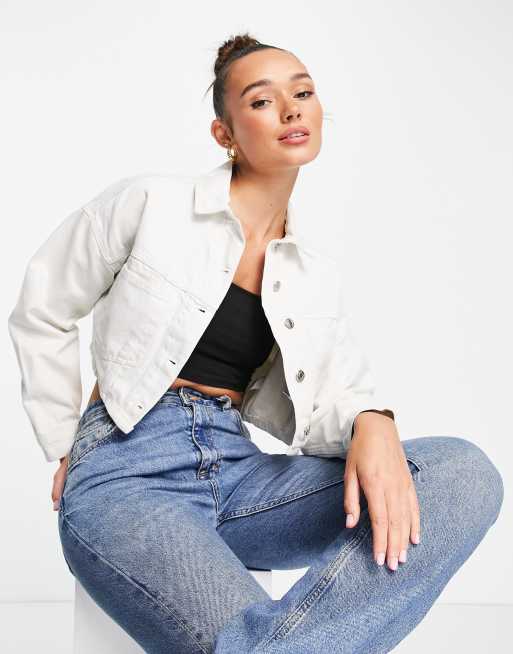 Topshop cropped denim jacket in off-white | ASOS