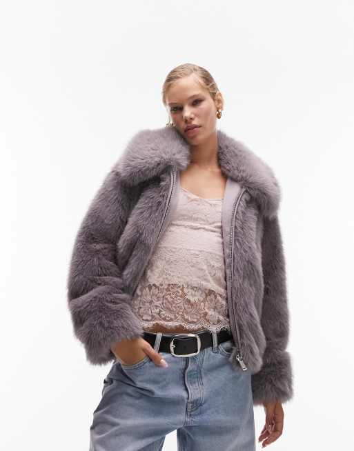 Topshop cropped faux fur coat in mauve