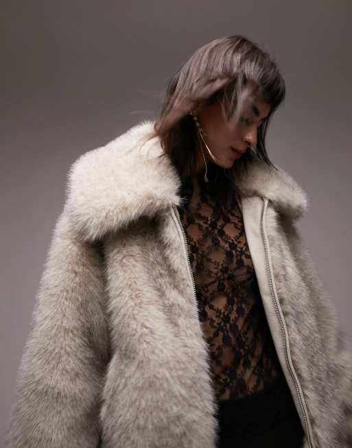 Topshop cropped faux fur coat in tipped winter white