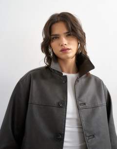 Model wearing Cropped faux leather jacket in brown
