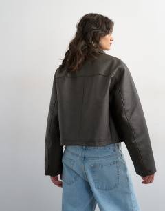 Model wearing Cropped faux leather jacket in brown