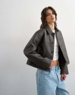 Model wearing Cropped faux leather jacket in brown