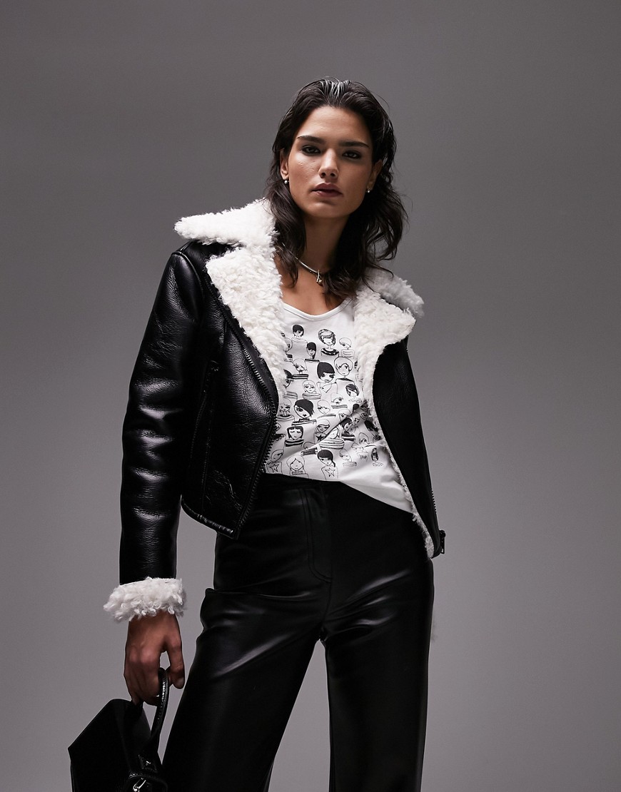 Topshop Cropped Faux Shearling Aviator Jacket With Shaggy Faux Fur Lining In Black-multi