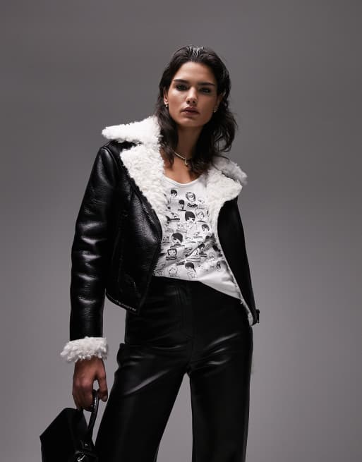 Topshop Faux Shearling Aviator Jacket With Faux Fur Lining In