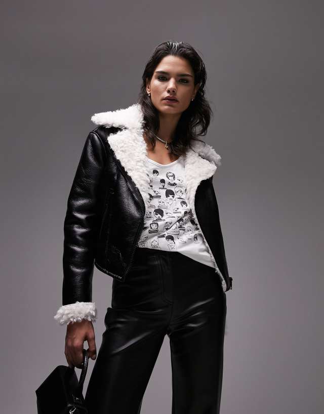 Topshop cropped faux shearling aviator jacket with shaggy faux fur lining in black