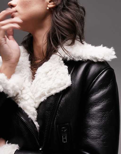 Faux Fur Lined Faux Leather Aviator Jacket