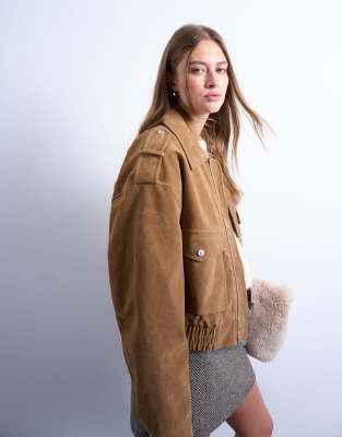 Topshop Topshop cropped faux suede bomber jacket with popper details in camel-Neutral