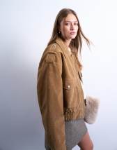 Topshop cropped faux suede bomber jacket with popper details in camel