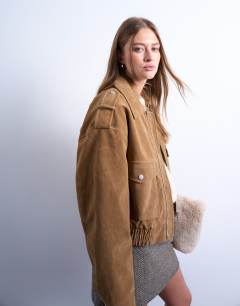 Cropped faux suede bomber jacket with popper details in camel