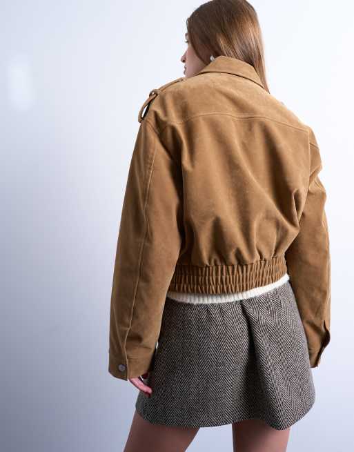 Topshop cropped faux suede bomber jacket with snap details in camel