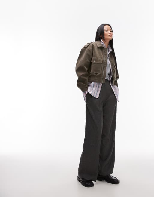 Topshop cropped faux suede bomber jacket with popper details in khaki