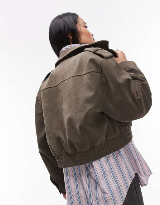 Topshop cropped faux suede bomber jacket with popper details in khaki, 3 of 4
