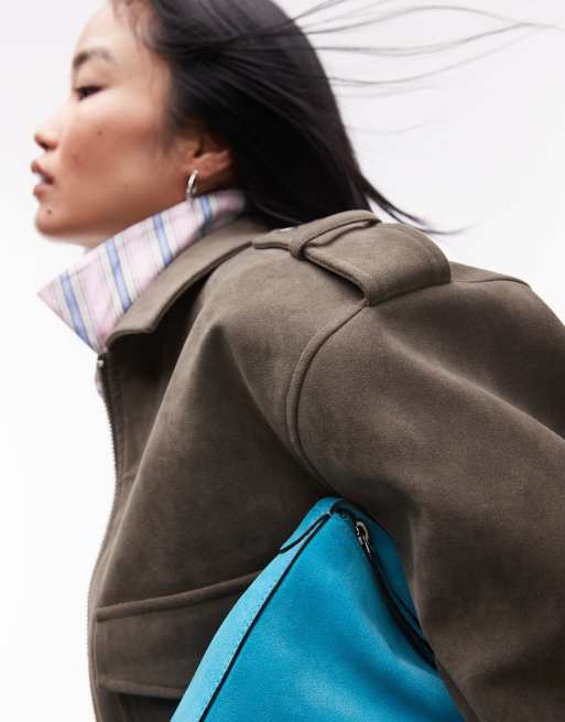 Topshop cropped faux suede bomber jacket with popper details in khaki