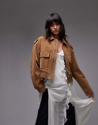 Topshop Cropped Faux Suede Bomber Jacket With Snap Details In Camel-neutral