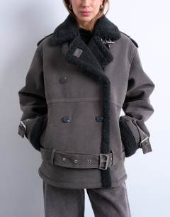 Cropped funnel neck aviator shearling coat in grey