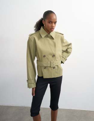 Topshop Cropped Funnel Neck Trench Coat In Green