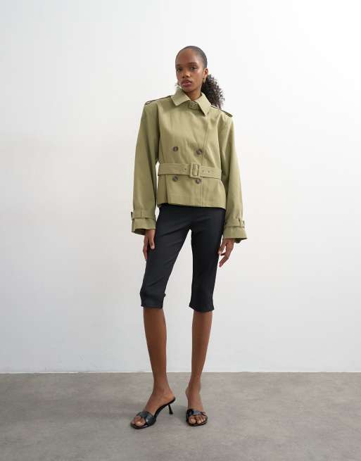 Topshop cropped funnel neck trench coat in khaki green, 2 of 4