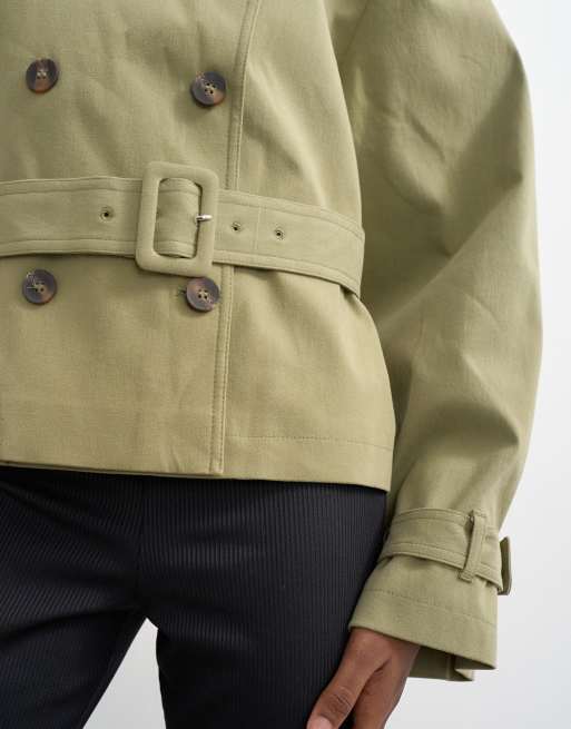 Topshop cropped funnel neck trench coat in khaki green, 3 of 4