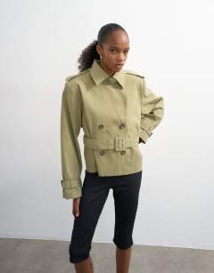 Cropped funnel neck trench in khaki
