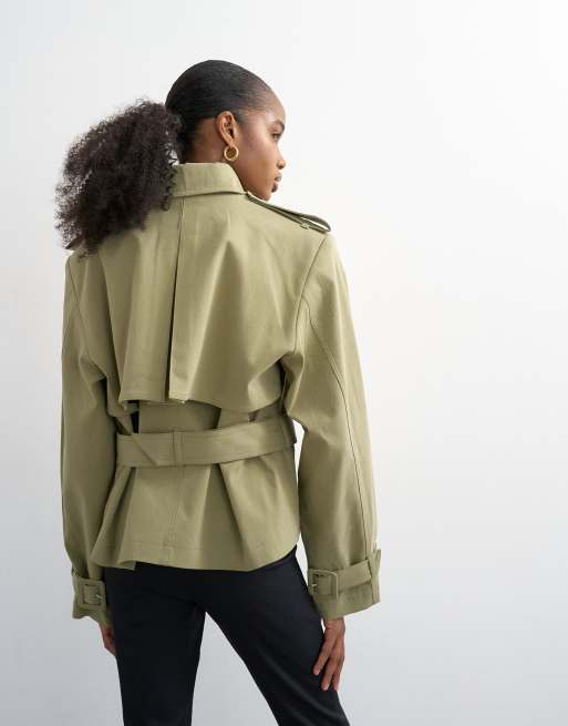 Topshop cropped funnel neck trench in khaki, 4 of 4