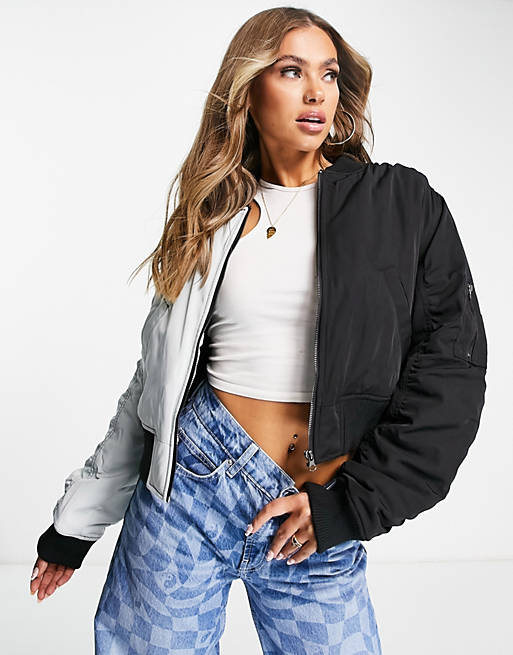Topshop cropped half and half contrast bomber jacket in black and blue ...