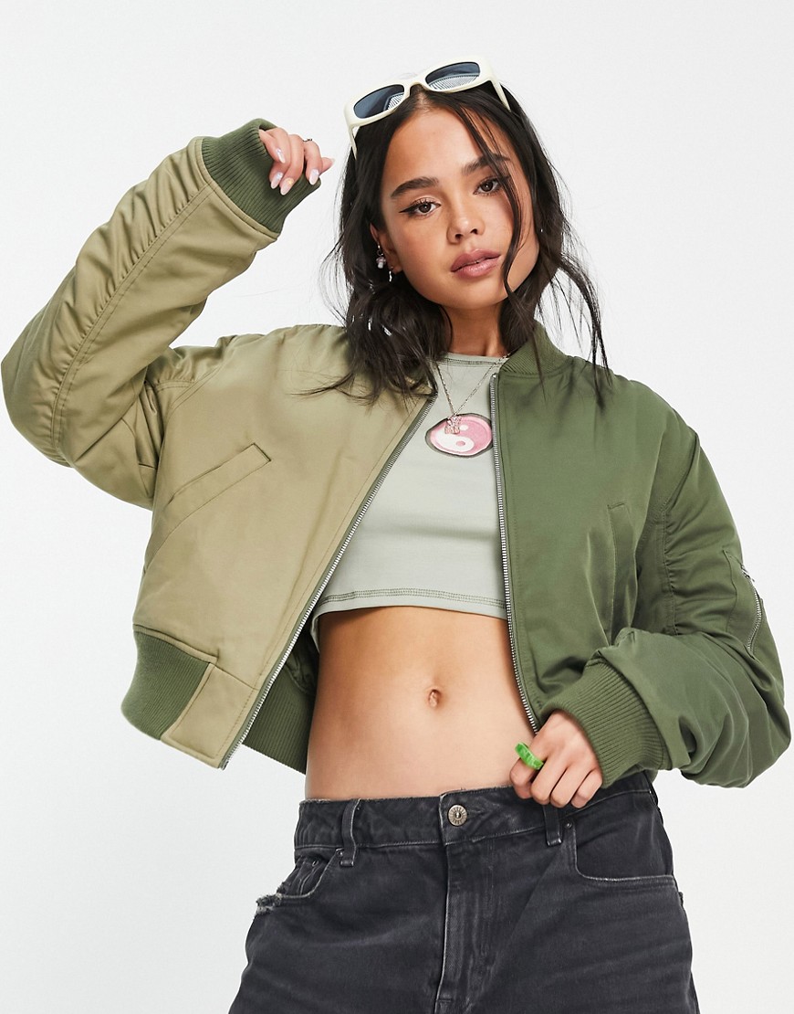 Topshop Cropped Half And Half Contrast Bomber Jacket In Khaki-Green