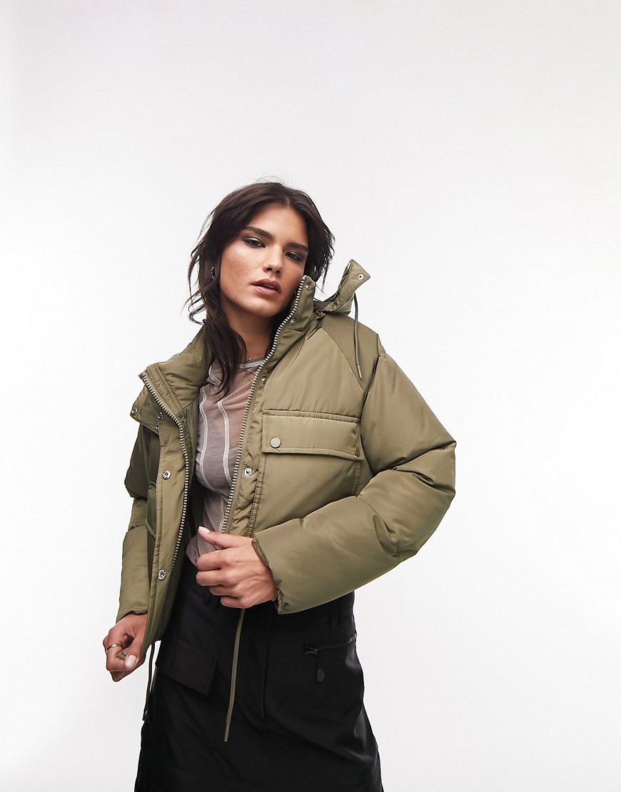 Topshop Cropped Hooded Puffer Jacket In Khaki-Green